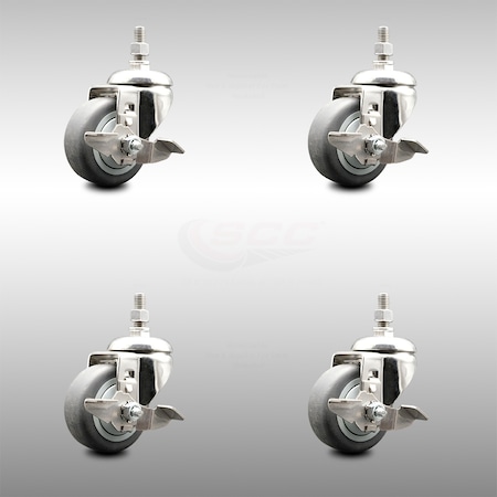 Service Caster 3 Inch 316SS Thermoplastic Rubber Swivel 12mm Threaded Stem Caster Set Brake SCC-SS316TS20S314-TPRB-TLB-M1215-4